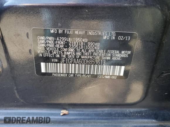 2013 Subaru Impreza 2.0i z VIN JF1GPAA60DH853613, wystawiony jako Copart lot #69579255 z przebiegiem 161 838 mil mil oraz Szkoda całkowita • Salvage title. Historia ofert i sprzedaży dostępna na DreamBid. Obrazek 13.