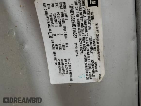 2004 Chevrolet Venture LS с VIN 1GNDX03E24D114382, выставлен на аукционе Copart как лот 50386355 с пробегом 186 615 миль миль и Списание • Salvage title. История ставок и продаж доступна на DreamBid. Изображение 12.