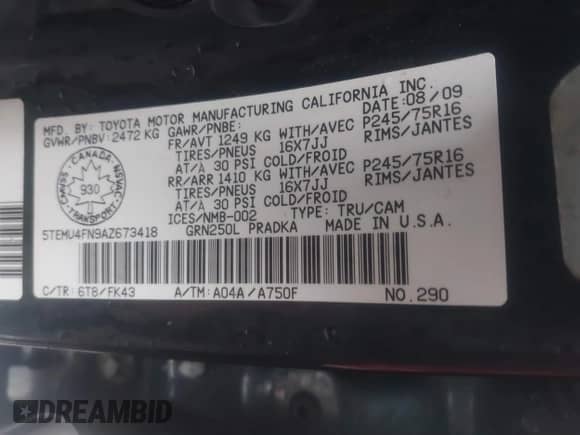 2010 Toyota Tacoma with VIN 5TEMU4FN9AZ673418, listed as a IAAI auction lot 42001308 with 127,453 mi miles and . Bid and sale history available at DreamBid. Image 9.