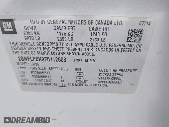 2015 Chevrolet Equinox LT with VIN 2GNFLFEK9F6112608, listed as a IAAI auction lot 43146266 with 145,540 mi miles and . Bid and sale history available at DreamBid. Image 9.