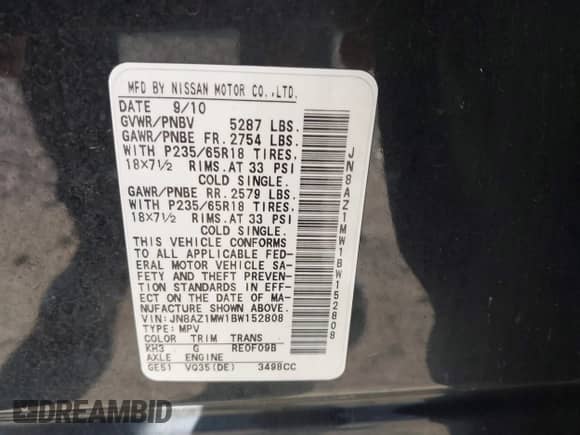 2011 Nissan Murano LE with VIN JN8AZ1MW1BW152808, listed as a IAAI auction lot 42292810 with 223,600 mi miles and . Bid and sale history available at DreamBid. Image 9.