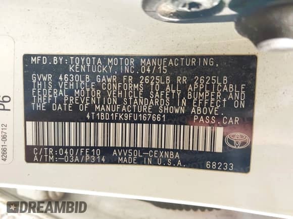 2015 Toyota Camry LE с VIN 4T1BD1FK9FU167661, выставлен на аукционе IAAI как лот 43191402 с пробегом 356 393 миль миль и . История ставок и продаж доступна на DreamBid. Изображение 9.