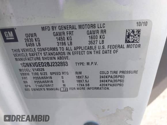 2011 Chevrolet Traverse 1LT с VIN 1GNKVGED2BJ232893, выставлен на аукционе IAAI как лот 43322326 с пробегом Не указан миль и . История ставок и продаж доступна на DreamBid. Изображение 9.