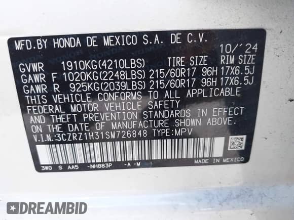 2025 Honda HR-V LX with VIN 3CZRZ1H31SM726848, listed as a IAAI auction lot 42785818 with 7,039 mi miles and . Bid and sale history available at DreamBid. Image 9.