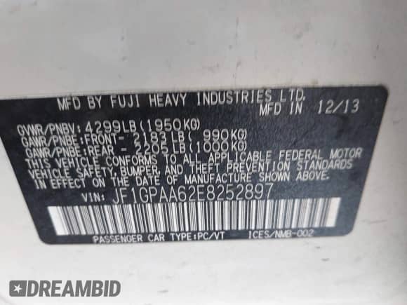 2014 Subaru Impreza 2.0i z VIN JF1GPAA62E8252897, wystawiony jako IAAI lot #42872344 z przebiegiem 106 915 mil mil oraz . Historia ofert i sprzedaży dostępna na DreamBid. Obrazek 9.