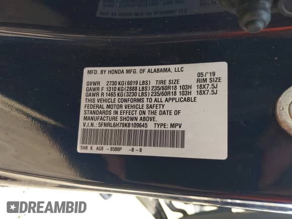 2019 Honda Odyssey EX-L z VIN 5FNRL6H79KB109645, wystawiony jako IAAI lot #42781215 z przebiegiem 80 942 mil mil oraz . Historia ofert i sprzedaży dostępna na DreamBid. Obrazek 9.