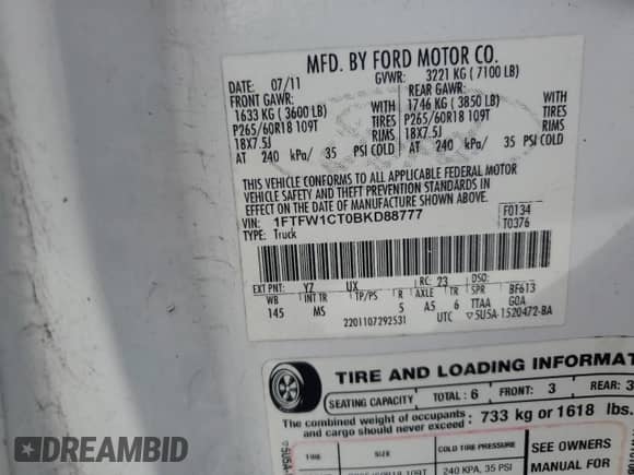 2011 Ford F-150 XLT с VIN 1FTFW1CT0BKD88777, выставлен на аукционе Copart как лот 84461415 с пробегом 153 173 миль миль и Списание • Salvage title. История ставок и продаж доступна на DreamBid. Изображение 12.