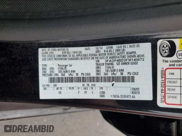 2015 Ford Fiesta SE with VIN 3FADP4BE0FM140672, listed as a Copart auction lot 57936355 with 61,887 mi miles and Salvage title. Bid and sale history available at DreamBid. Image 12.