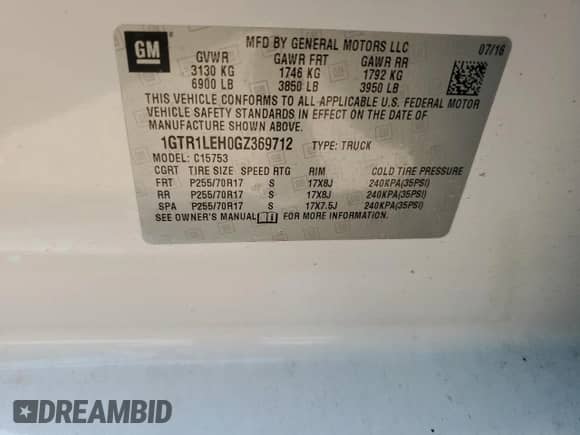 2016 GMC Sierra 1500 z VIN 1GTR1LEH0GZ369712, wystawiony jako Copart lot #53462605 z przebiegiem Nie podano mil oraz Szkoda całkowita • Salvage title. Historia ofert i sprzedaży dostępna na DreamBid. Obrazek 12.