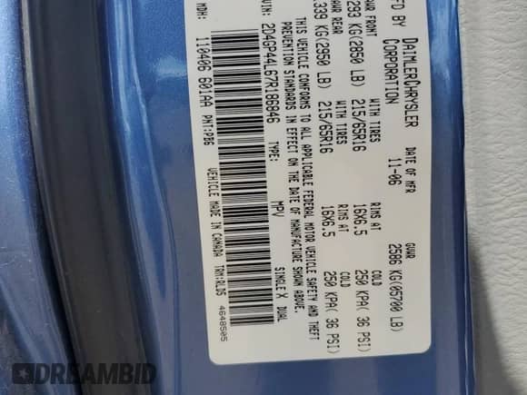 2007 Dodge Grand Caravan SXT with VIN 2D4GP44L67R186846, listed as a Copart auction lot 69581545 with 274,975 mi miles and Salvage title. Bid and sale history available at DreamBid. Image 13.