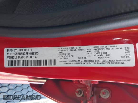 2023 Ram 1500 Big Horn with VIN 1C6RRFBG7PN620343, listed as a IAAI auction lot 42659133 with 46,484 mi miles and . Bid and sale history available at DreamBid. Image 9.