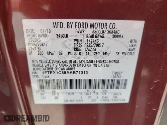 2010 Ford F-150 XL z VIN 1FTEX1C88AKB71013, wystawiony jako Copart lot #72032795 z przebiegiem Nie podano mil oraz Szkoda całkowita • Salvage title. Historia ofert i sprzedaży dostępna na DreamBid. Obrazek 12.
