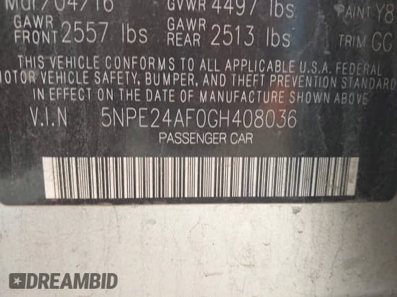 2016 Hyundai Sonata SE with VIN 5NPE24AF0GH408036, listed as a IAAI auction lot 43322733 with 144,281 mi miles and . Bid and sale history available at DreamBid. Image 9.