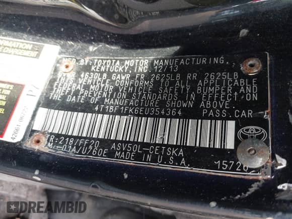 2014 Toyota Camry L z VIN 4T1BF1FK6EU354364, wystawiony jako IAAI lot #43115406 z przebiegiem 184 703 mil mil oraz . Historia ofert i sprzedaży dostępna na DreamBid. Obrazek 9.