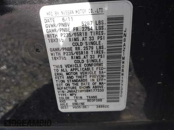 2011 Nissan Murano SL with VIN JN8AZ1MW0BW177330, listed as a IAAI auction lot 42967584 with 191,003 mi miles and . Bid and sale history available at DreamBid. Image 9.