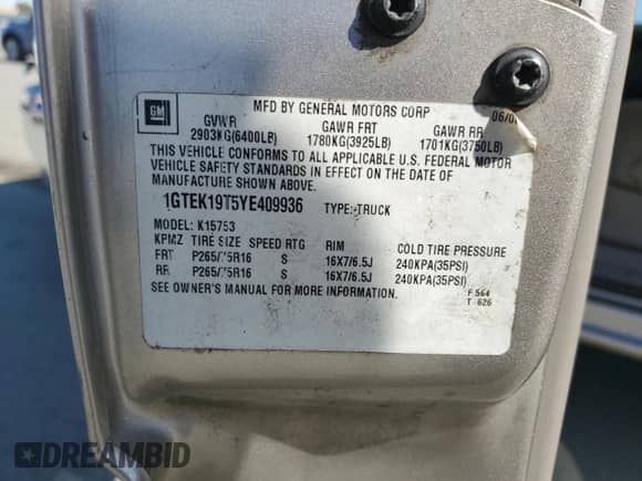 2000 GMC Sierra 1500 SLE с VIN 1GTEK19T5YE409936, выставлен на аукционе Copart как лот 59041535 с пробегом 210 541 миль миль и Списание • Salvage title. История ставок и продаж доступна на DreamBid. Изображение 12.