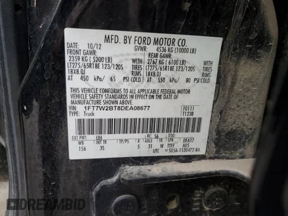 2013 Ford F-250 XL с VIN 1FT7W2BT8DEA08677, выставлен на аукционе Copart как лот 81087125 с пробегом 276 344 миль миль и Списание • Salvage title. История ставок и продаж доступна на DreamBid. Изображение 13.