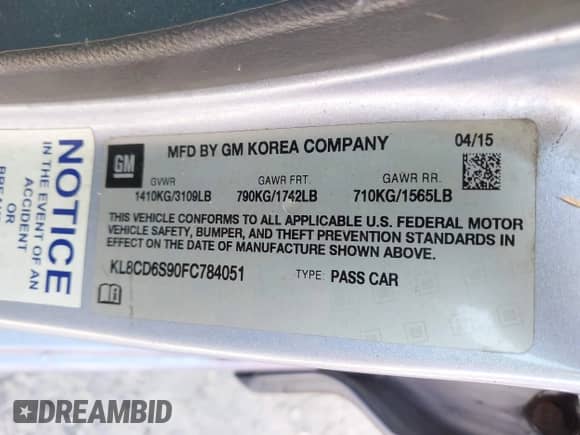 2015 Chevrolet Spark LT with VIN KL8CD6S90FC784051, listed as a IAAI auction lot 43434002 with 147,879 mi miles and . Bid and sale history available at DreamBid. Image 9.