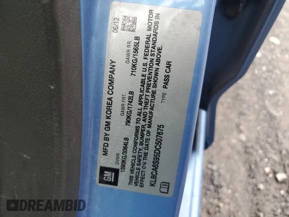 2013 Chevrolet Spark LS с VIN KL8CA6S95DC507675, выставлен на аукционе Copart как лот 60326255 с пробегом 199 900 миль миль и Чистый • Clean title. История ставок и продаж доступна на DreamBid. Изображение 12.