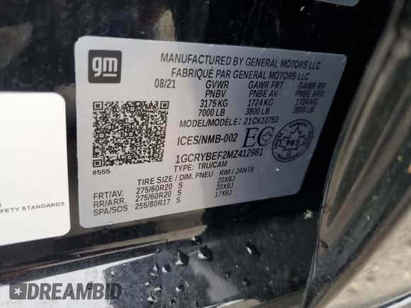 2021 Chevrolet Silverado 1500 Custom with VIN 1GCRYBEF2MZ412981, listed as a Copart auction lot 84494124 with 52,834 mi miles and Salvage title. Bid and sale history available at DreamBid. Image 12.