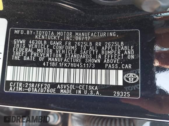 2017 Toyota Camry XLE z VIN 4T1BF1FK7HU451173, wystawiony jako IAAI lot #43172057 z przebiegiem 130 810 mil mil oraz . Historia ofert i sprzedaży dostępna na DreamBid. Obrazek 9.