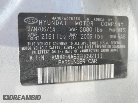 2014 Hyundai Elantra SE with VIN KMHDH4AE6EU092111, listed as a Copart auction lot 54736425 with 142,063 mi miles and Salvage title. Bid and sale history available at DreamBid. Image 12.