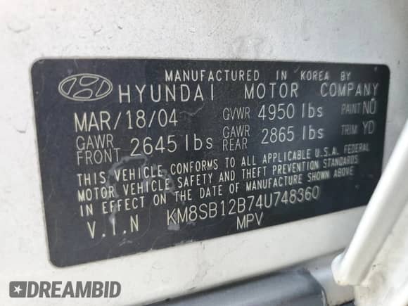 2004 Hyundai Santa Fe z VIN KM8SB12B74U748360, wystawiony jako Copart lot #71165735 z przebiegiem 77 055 mil mil oraz Czysty tytuł • Clean title. Historia ofert i sprzedaży dostępna na DreamBid. Obrazek 13.