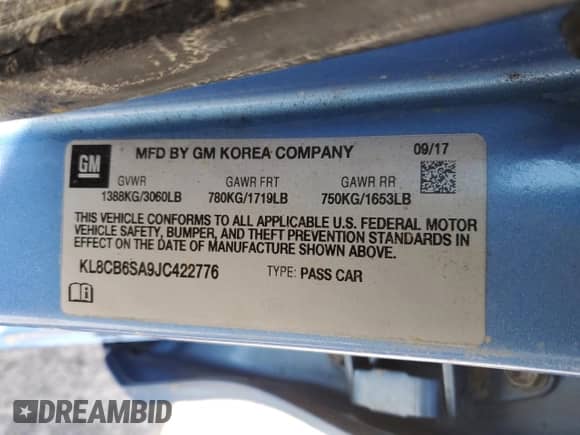 2018 Chevrolet Spark LS with VIN KL8CB6SA9JC422776, listed as a Copart auction lot 52107085 with Not provided miles and Salvage title. Bid and sale history available at DreamBid. Image 14.