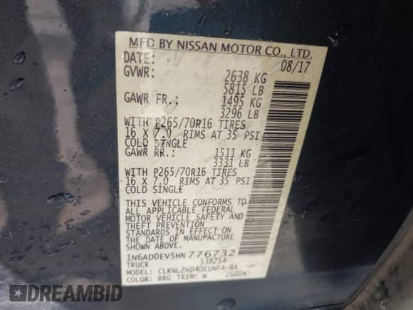 2017 Nissan Frontier SV with VIN 1N6AD0EV5HN776732, listed as a IAAI auction lot 41821641 with 162,234 mi miles and . Bid and sale history available at DreamBid. Image 9.