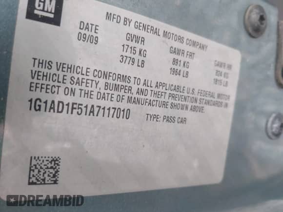 2010 Chevrolet Cobalt 1LT с VIN 1G1AD1F51A7117010, выставлен на аукционе IAAI как лот 42702558 с пробегом 145 878 миль миль и . История ставок и продаж доступна на DreamBid. Изображение 9.