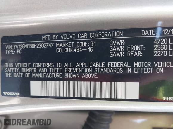 2015 Volvo S60 T5 Drive-E Premier with VIN YV126MFB8F2302747, listed as a IAAI auction lot 42247878 with 95,591 mi miles and . Bid and sale history available at DreamBid. Image 9.