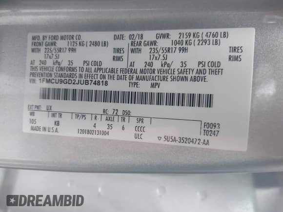 2018 Ford Escape SE z VIN 1FMCU9GD2JUB74818, wystawiony jako IAAI lot #43295232 z przebiegiem 138 439 mil mil oraz . Historia ofert i sprzedaży dostępna na DreamBid. Obrazek 9.