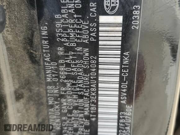 2010 Toyota Camry с VIN 4T1BF3EK8AU104082, выставлен на аукционе Copart как лот 65931625 с пробегом 164 420 миль миль и Чистый • Clean title. История ставок и продаж доступна на DreamBid. Изображение 12.