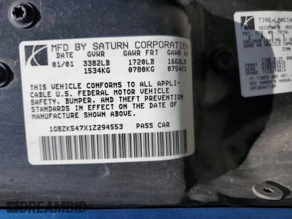 2001 Saturn SL with VIN 1G8ZK547X1Z294553, listed as a Copart auction lot 53786805 with 288,011 mi miles and Salvage title. Bid and sale history available at DreamBid. Image 12.