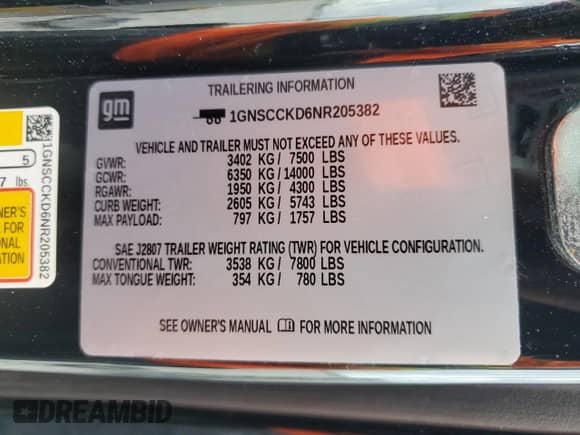 2022 Chevrolet Suburban LT с VIN 1GNSCCKD6NR205382, выставлен на аукционе Copart как лот 63981685 с пробегом 172 284 миль миль и На запчасти • Non repairable. История ставок и продаж доступна на DreamBid. Изображение 14.