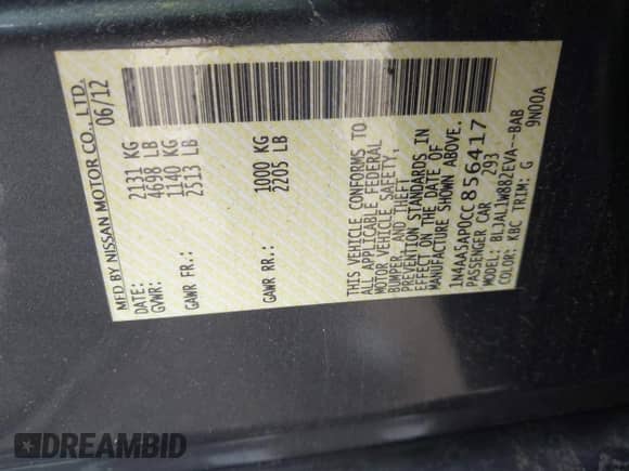 2012 Nissan Maxima SV z VIN 1N4AA5AP0CC856417, wystawiony jako IAAI lot #43166389 z przebiegiem 202 295 mil mil oraz . Historia ofert i sprzedaży dostępna na DreamBid. Obrazek 9.