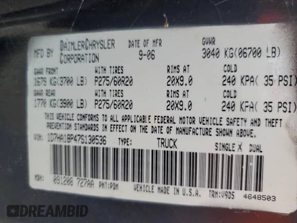 2007 Dodge 1500 SLT with VIN 1D7HA18P47S130536, listed as a Copart auction lot 64562975 with 109,261 mi miles and Salvage title. Bid and sale history available at DreamBid. Image 12.
