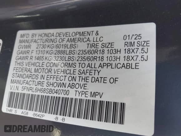 2025 Honda Odyssey EX-L с VIN 5FNRL6H68SB040700, выставлен на аукционе IAAI как лот 43160351 с пробегом 6 344 миль миль и . История ставок и продаж доступна на DreamBid. Изображение 9.