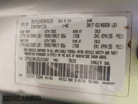 2002 Dodge 1500 with VIN 3D7HU18N12G151642, listed as a IAAI auction lot 43249745 with 230,070 mi miles and . Bid and sale history available at DreamBid. Image 9.