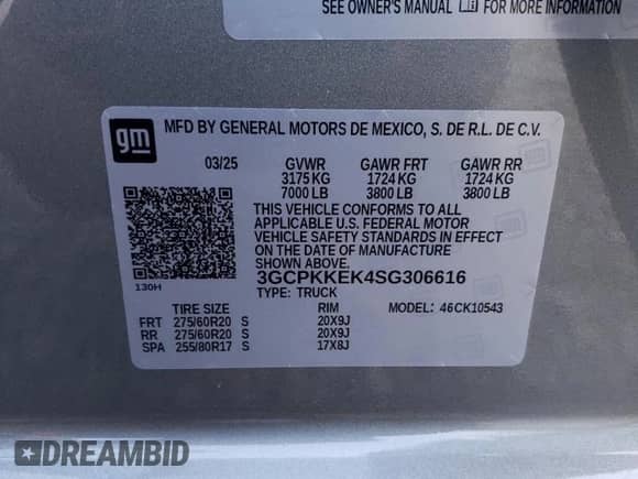 2025 Chevrolet Silverado 1500 with VIN 3GCPKKEK4SG306616, listed as a Copart auction lot 62552835 with 717 mi miles and Salvage title. Bid and sale history available at DreamBid. Image 12.