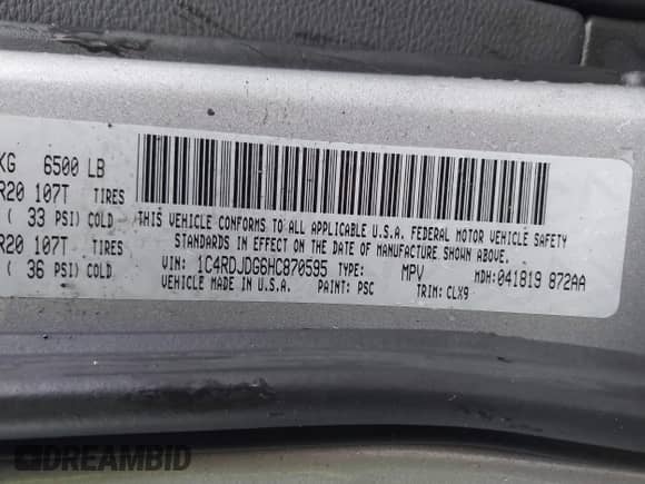 2017 Dodge Durango GT with VIN 1C4RDJDG6HC870595, listed as a IAAI auction lot 42355488 with Not provided miles and . Bid and sale history available at DreamBid. Image 9.