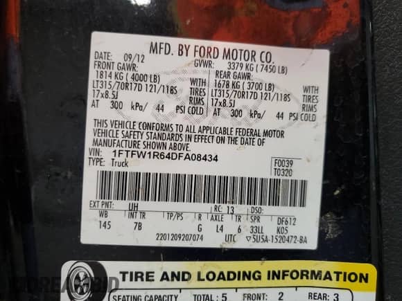 2013 Ford F-150 SVT Raptor with VIN 1FTFW1R64DFA08434, listed as a Copart auction lot 66561235 with 93,672 mi miles and Salvage title. Bid and sale history available at DreamBid. Image 12.