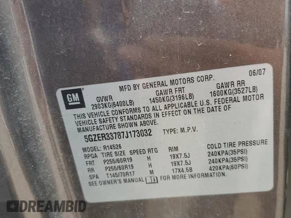 2007 Saturn Outlook XR с VIN 5GZER33787J173032, выставлен на аукционе Copart как лот 59374715 с пробегом 164 314 миль миль и Списание • Salvage title. История ставок и продаж доступна на DreamBid. Изображение 13.