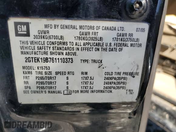 2006 GMC Sierra 1500 SLE1 z VIN 2GTEK19B761110373, wystawiony jako Copart lot #57457485 z przebiegiem 246 699 mil mil oraz Szkoda całkowita • Salvage title. Historia ofert i sprzedaży dostępna na DreamBid. Obrazek 12.