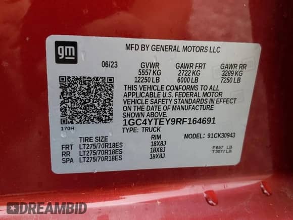 2024 Chevrolet Silverado 3500HD LT с VIN 1GC4YTEY9RF164691, выставлен на аукционе Copart как лот 63208775 с пробегом 27 629 миль миль и Списание • Salvage title. История ставок и продаж доступна на DreamBid. Изображение 12.