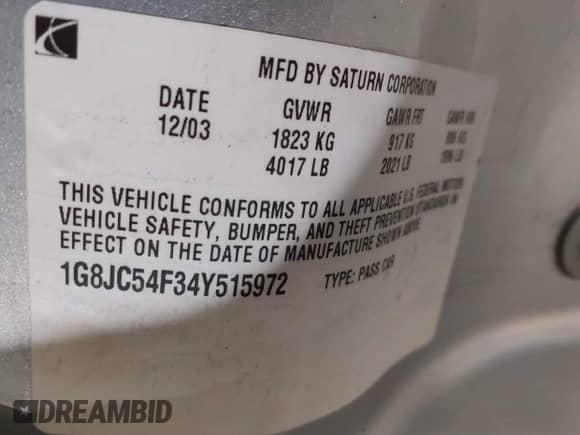 2004 Saturn L L300 1 with VIN 1G8JC54F34Y515972, listed as a IAAI auction lot 41295581 with Not provided miles and . Bid and sale history available at DreamBid. Image 9.