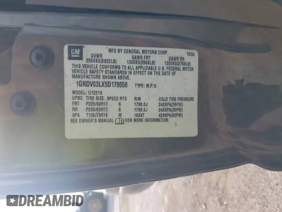 2005 Chevrolet Uplander с VIN 1GNDV03LX5D178658, выставлен на аукционе IAAI как лот 42958128 с пробегом Не указан миль и . История ставок и продаж доступна на DreamBid. Изображение 9.