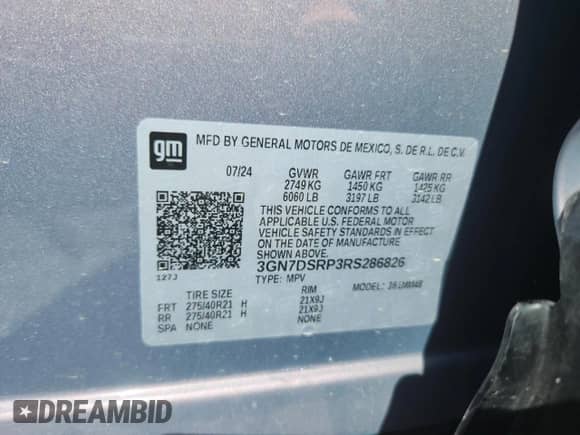2024 Chevrolet Equinox EV RS с VIN 3GN7DSRP3RS286826, выставлен на аукционе Copart как лот 63309685 с пробегом 6 119 миль миль и Списание • Salvage title. История ставок и продаж доступна на DreamBid. Изображение 14.