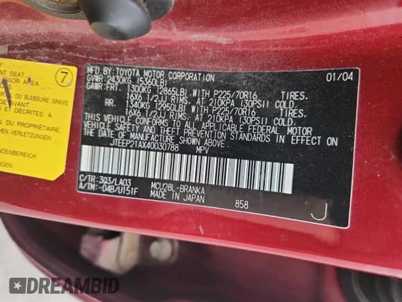 2004 Toyota Highlander с VIN JTEEP21AX40030788, выставлен на аукционе Copart как лот 82450545 с пробегом 298 947 миль миль и Списание • Salvage title. История ставок и продаж доступна на DreamBid. Изображение 13.