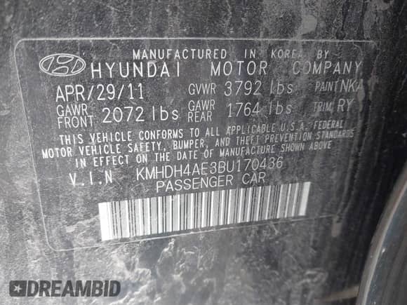 2011 Hyundai Elantra Limited with VIN KMHDH4AE3BU170436, listed as a IAAI auction lot 41877202 with 174,142 mi miles and . Bid and sale history available at DreamBid. Image 9.